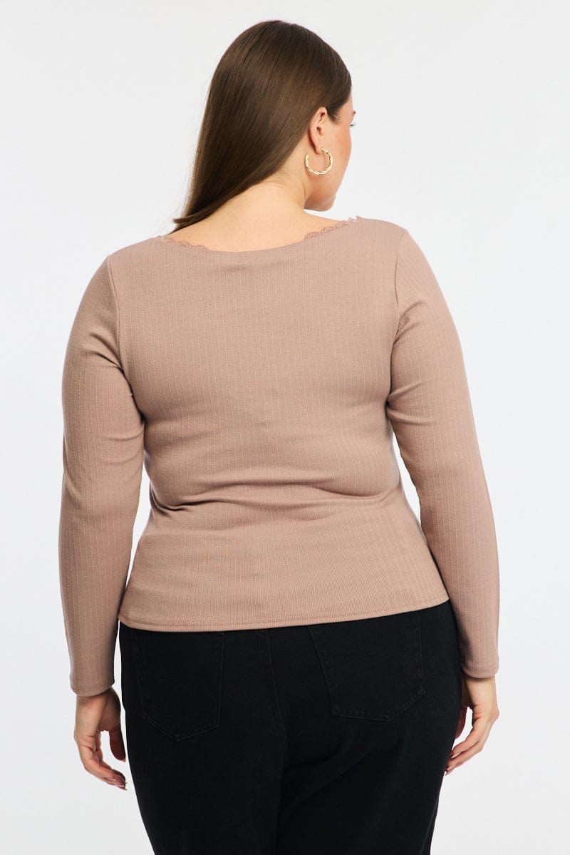 Beige Long Sleeve Lace Trim Ribbed Top