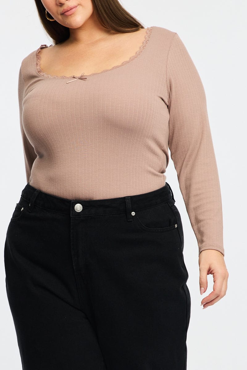 Beige Long Sleeve Lace Trim Ribbed Top