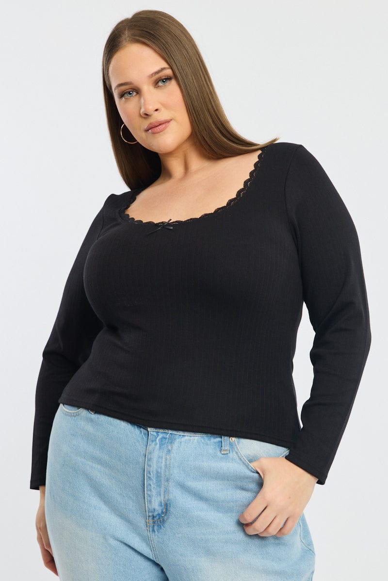 Black Long Sleeve Lace Trim Ribbed Top