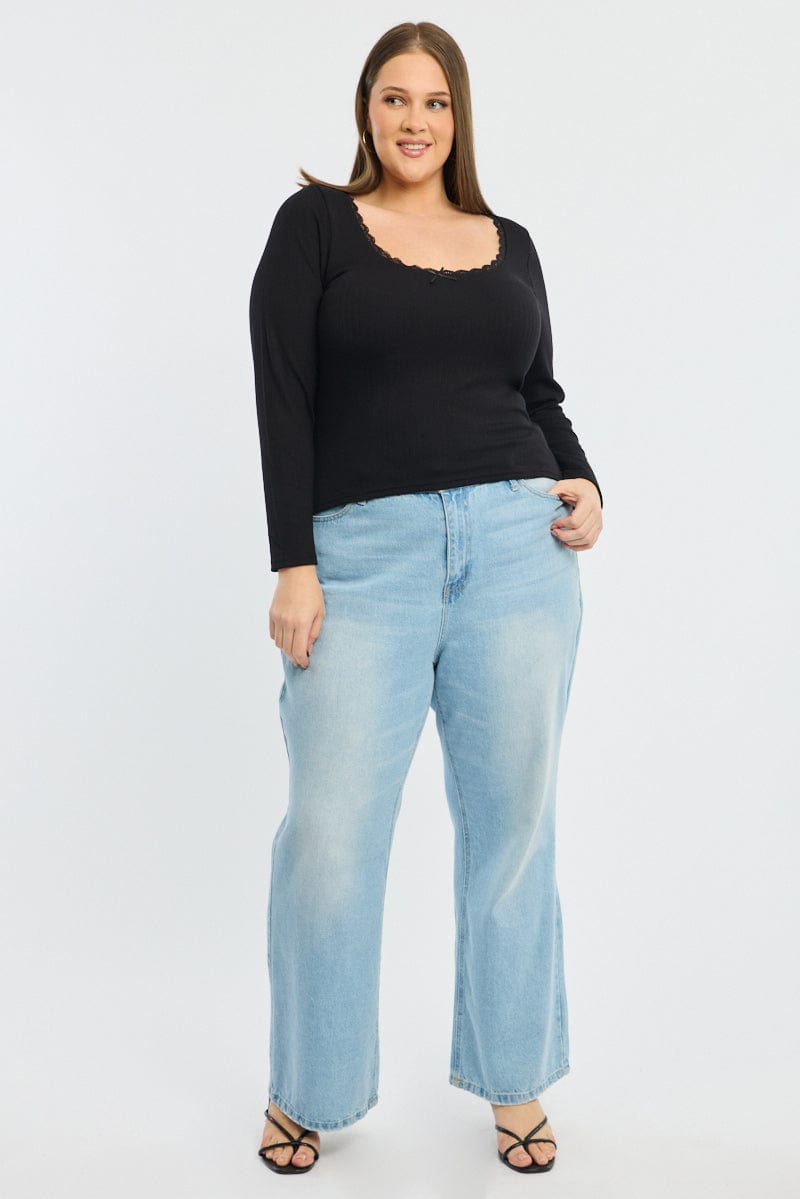 Black Long Sleeve Lace Trim Ribbed Top