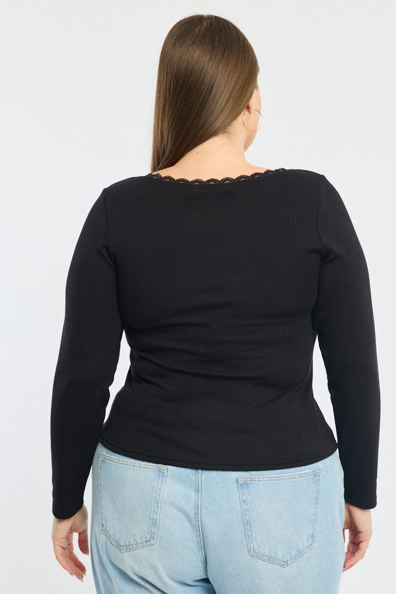 Black Long Sleeve Lace Trim Ribbed Top