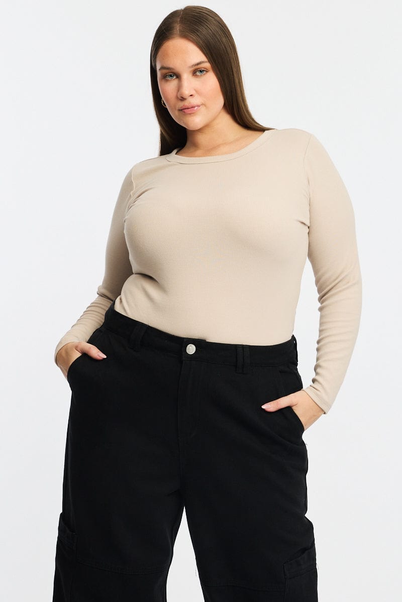 Beige T-shirt Long Sleeve Crew Neck