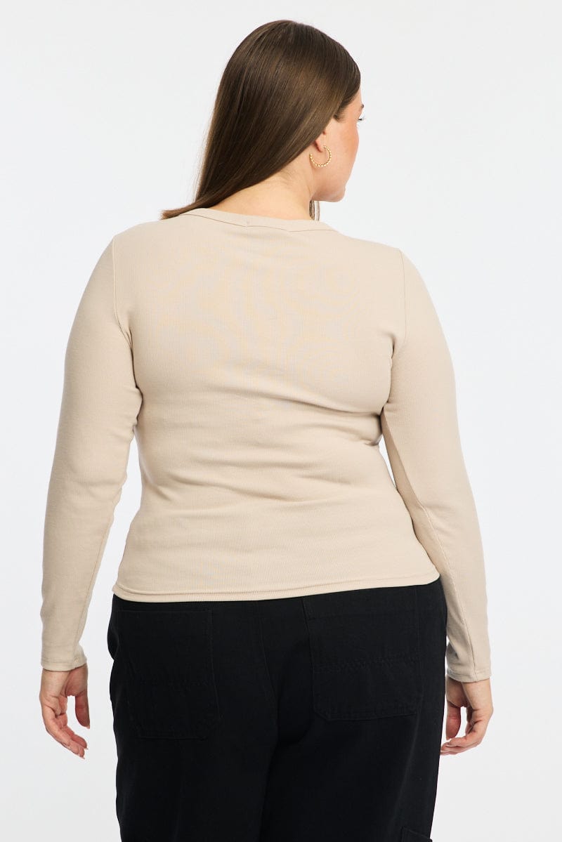 Beige T-shirt Long Sleeve Crew Neck
