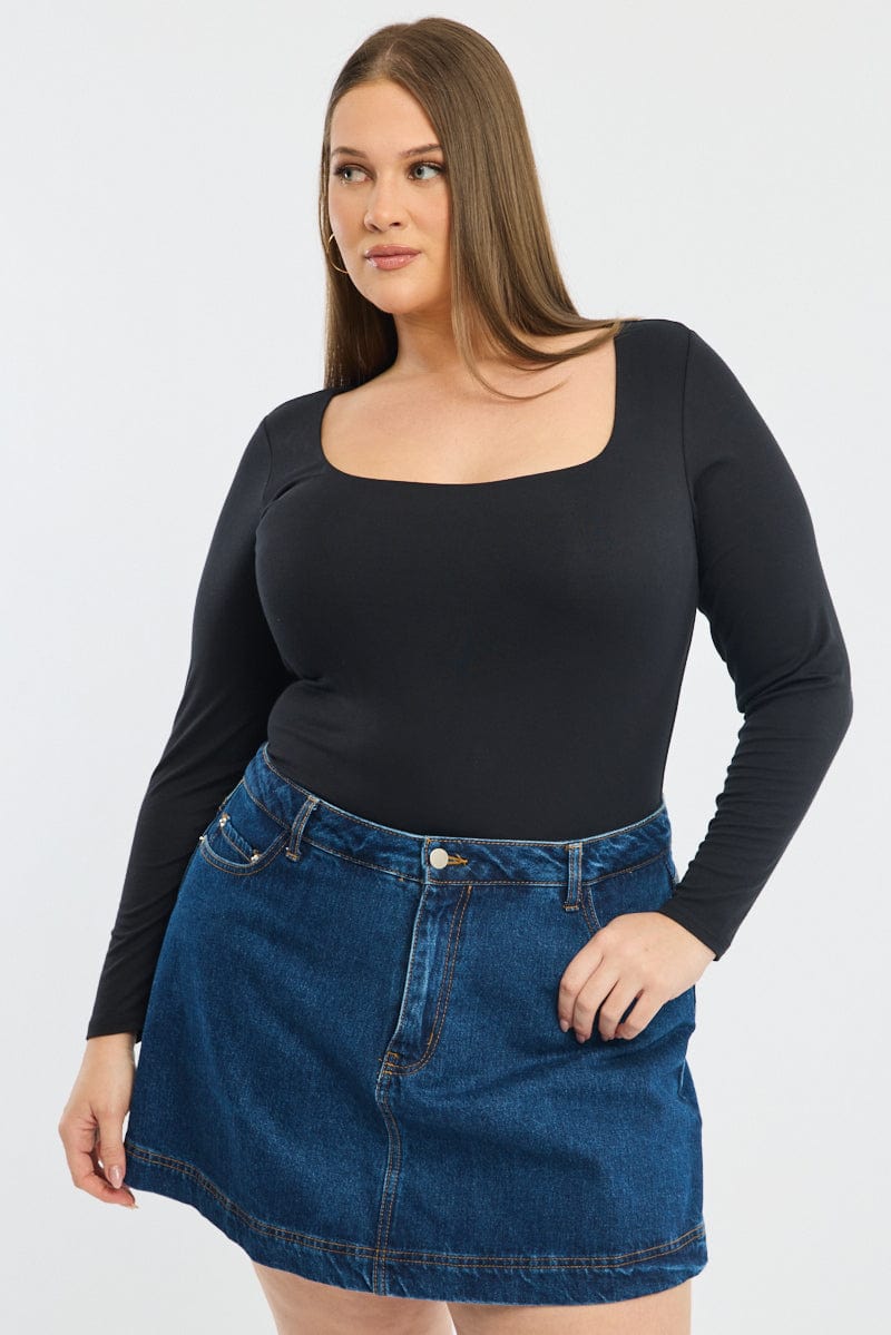 Black Bodysuit Long Sleeve Scoop Neck Modal
