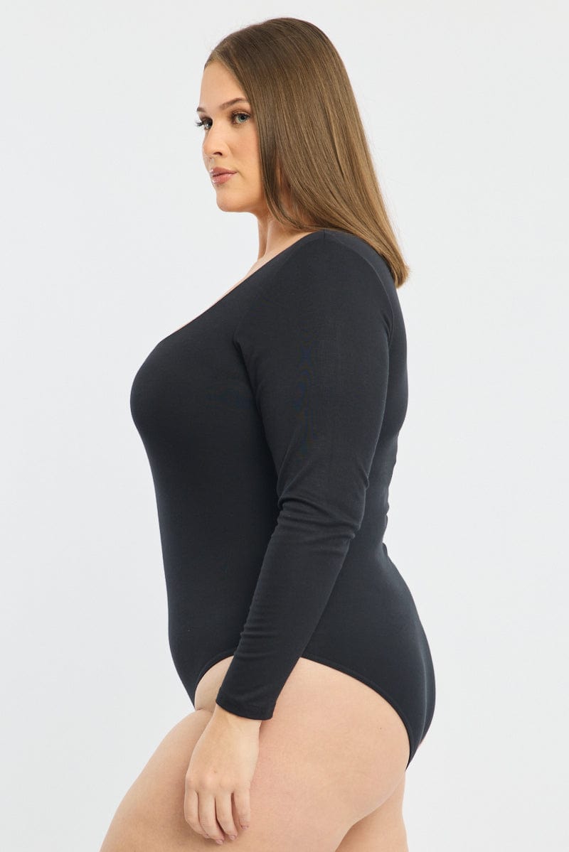 Black Bodysuit Long Sleeve Scoop Neck Modal