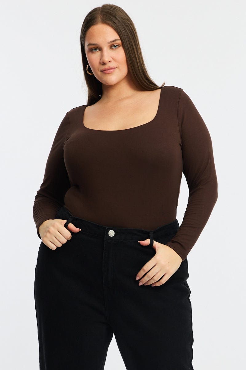 Brown Bodysuit Long Sleeve Scoop Neck Modal