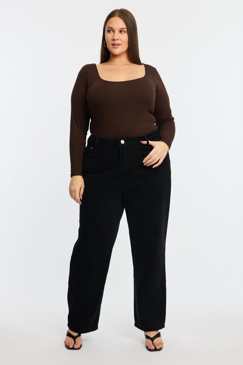 Brown Bodysuit Long Sleeve Scoop Neck Modal