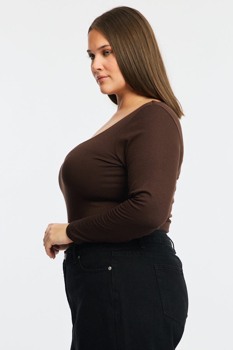 Brown Bodysuit Long Sleeve Scoop Neck Modal