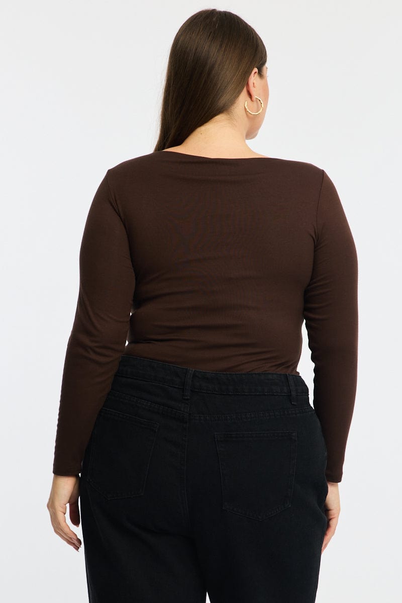 Brown Bodysuit Long Sleeve Scoop Neck Modal