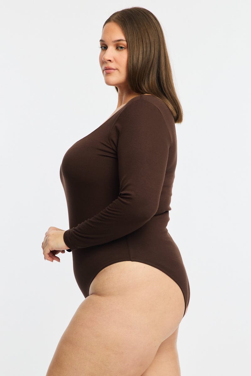 Brown Bodysuit Long Sleeve Scoop Neck Modal
