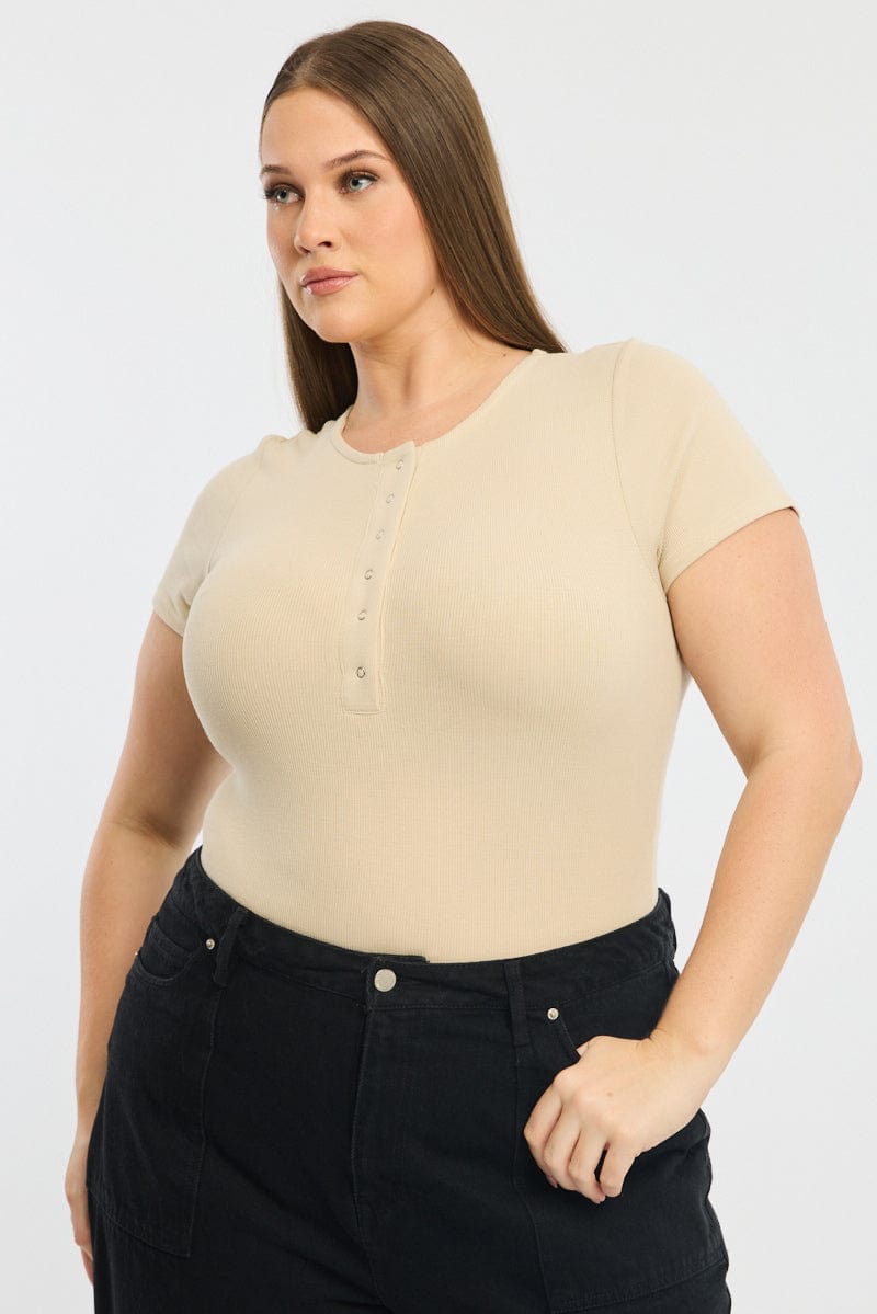 Beige Bodysuit Short Sleeve Button Down