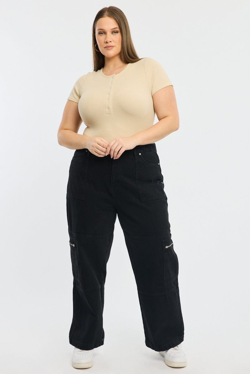 Beige Bodysuit Short Sleeve Button Down