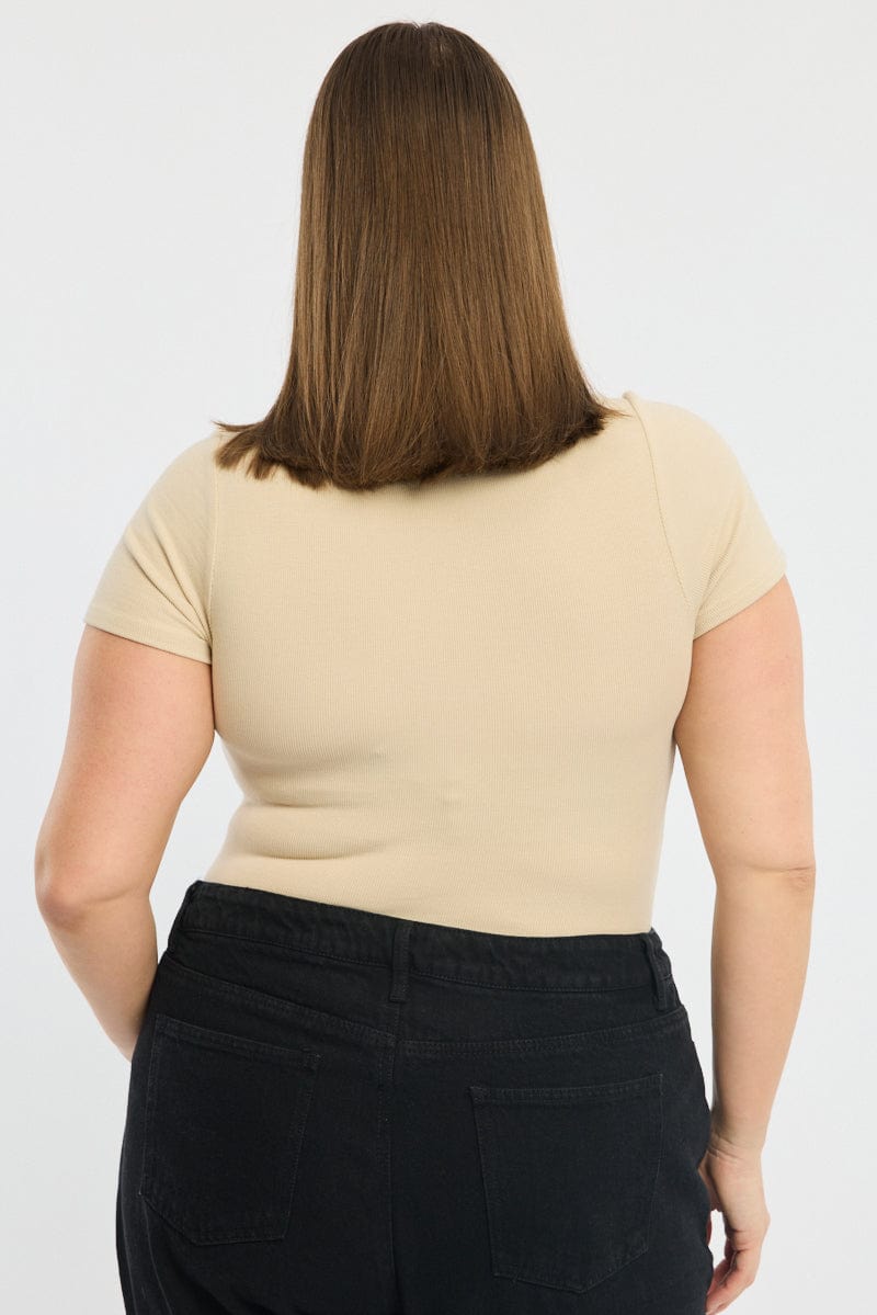 Beige Bodysuit Short Sleeve Button Down
