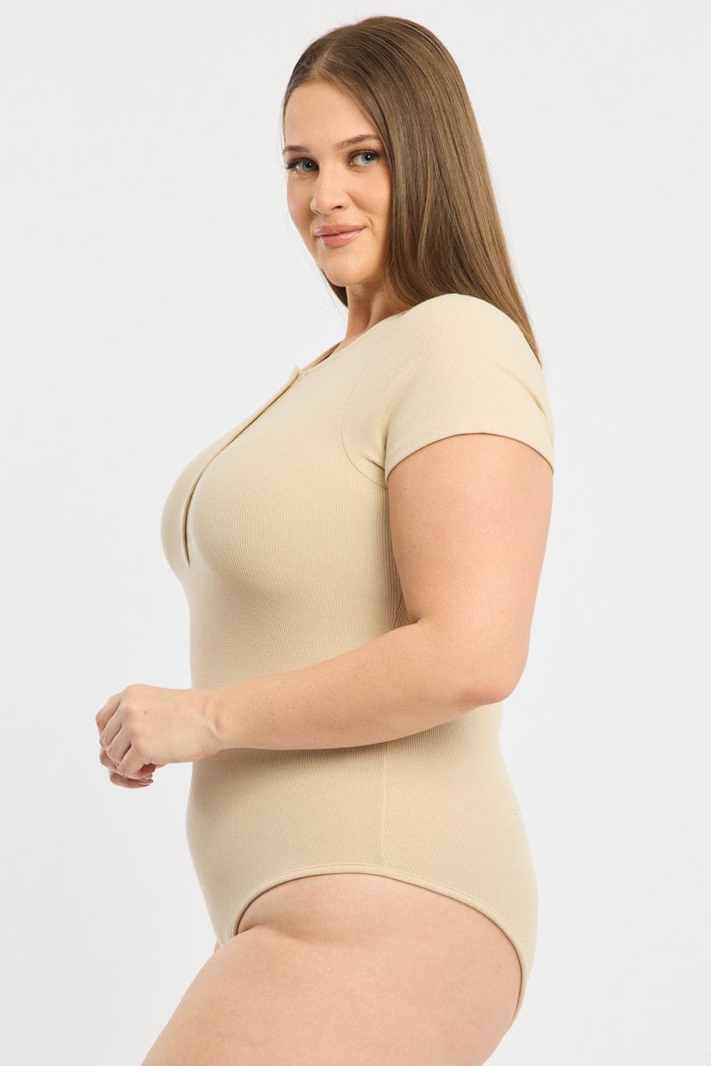 Beige Bodysuit Short Sleeve Button Down