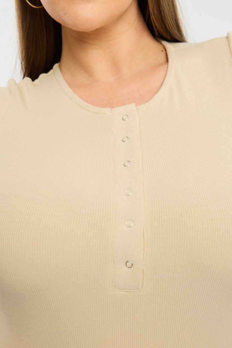 Beige Bodysuit Short Sleeve Button Down