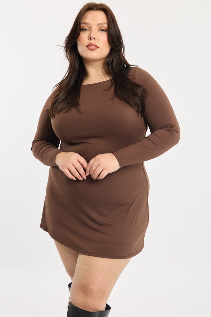 Brown Mini Dress Long Sleeve A-line | You & All Brown Mini Dress Long Sleeve A-line | You & All