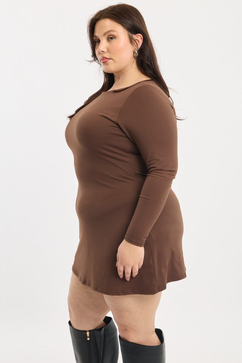 Brown Mini Dress Long Sleeve A-line