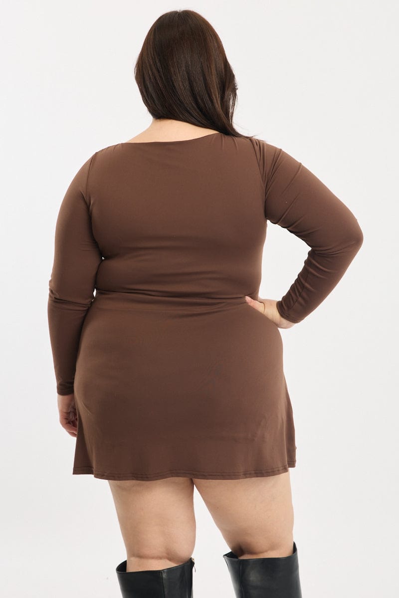 Brown Mini Dress Long Sleeve A-line