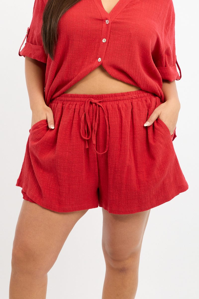 Red Elastic Waist Shorts