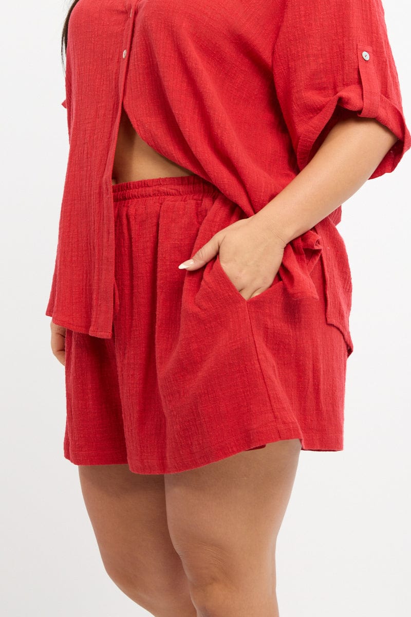 Red Elastic Waist Shorts