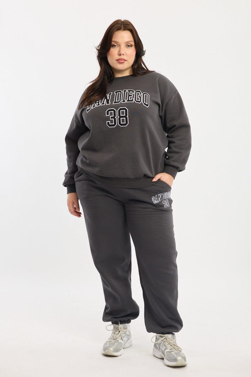 Grey Drawstring Waist Elastic Cuff Track Pants