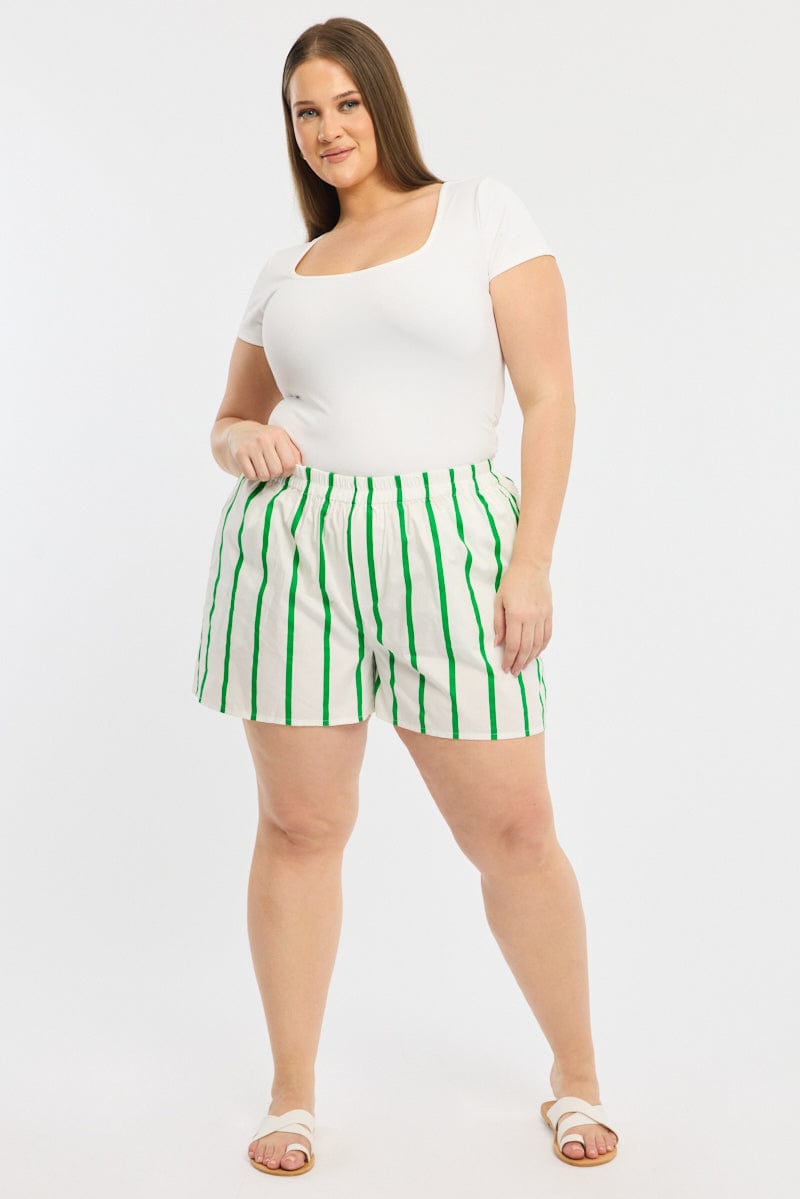 Green Stripe Elastic Waist Shorts