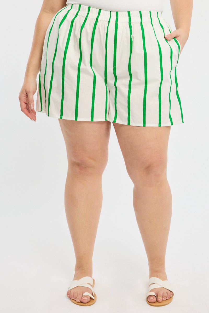 Green Stripe Elastic Waist Shorts
