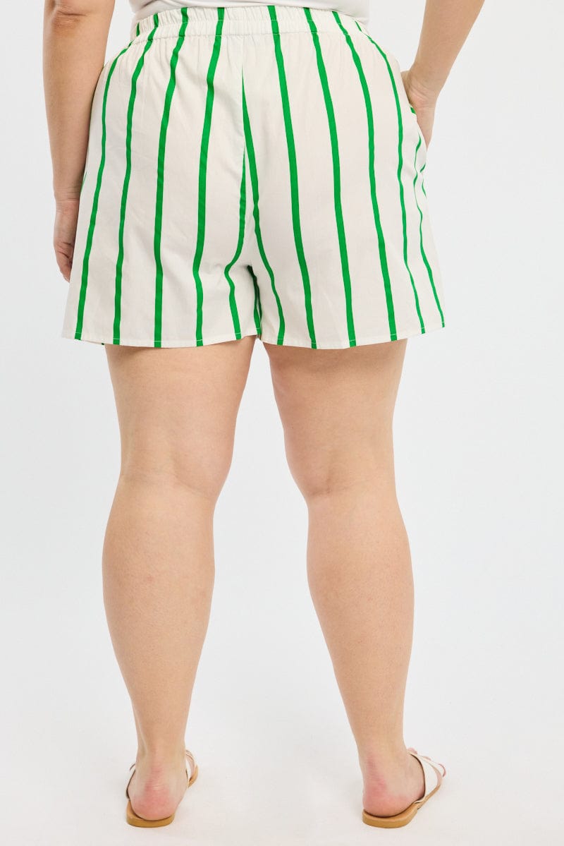Green Stripe Elastic Waist Shorts