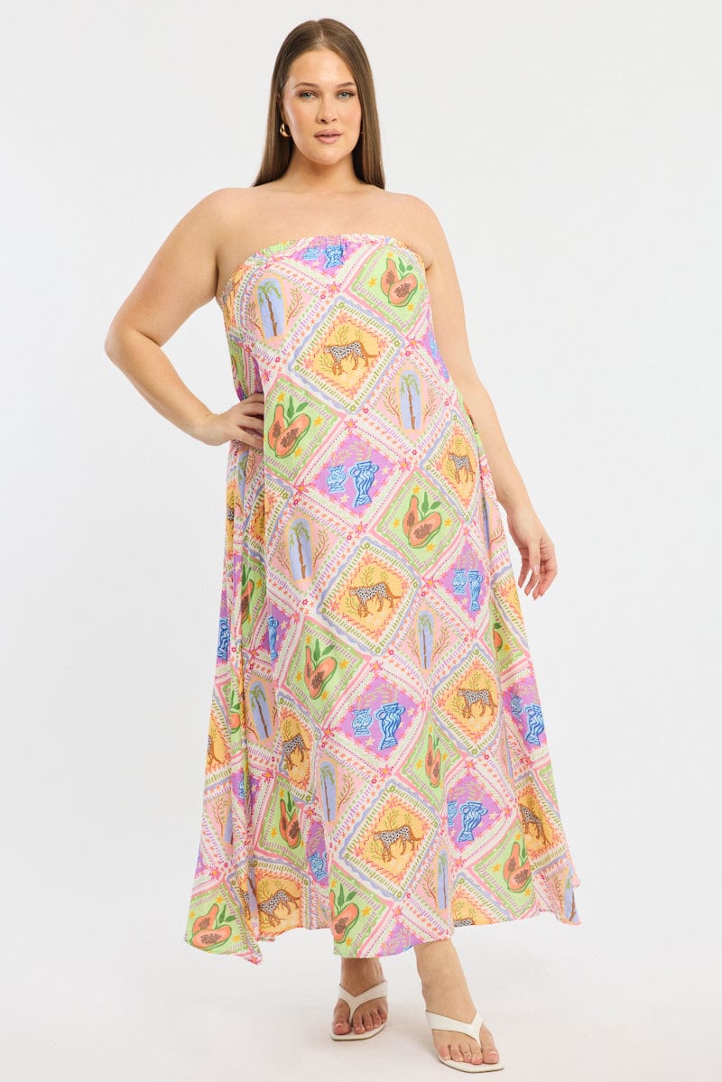 Multi Abstract Maxi Dress Strapless Textured