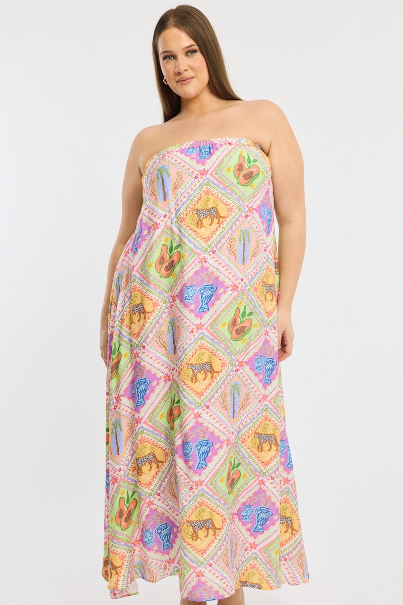 Multi Abstract Maxi Dress Strapless Textured