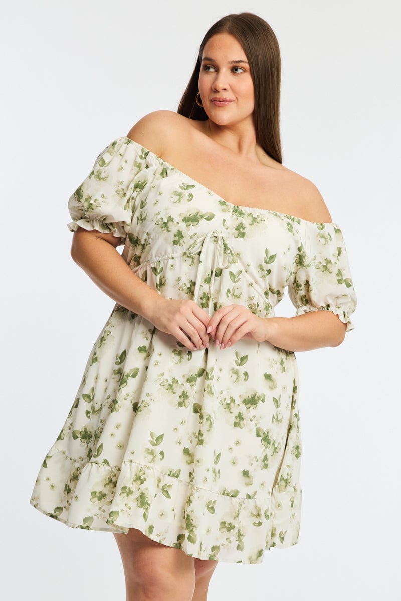 Green Floral Skater Dress Short Sleeve Ruched