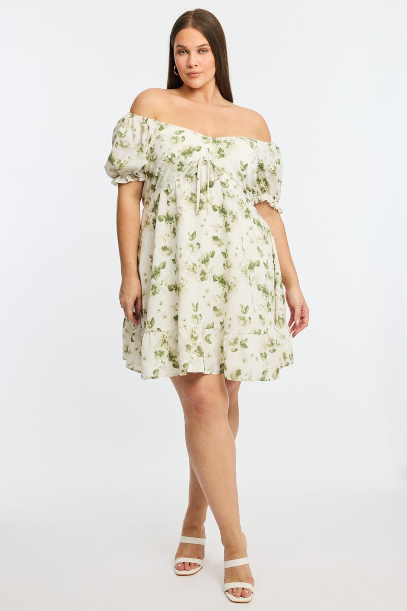 Green Floral Skater Dress Short Sleeve Ruched