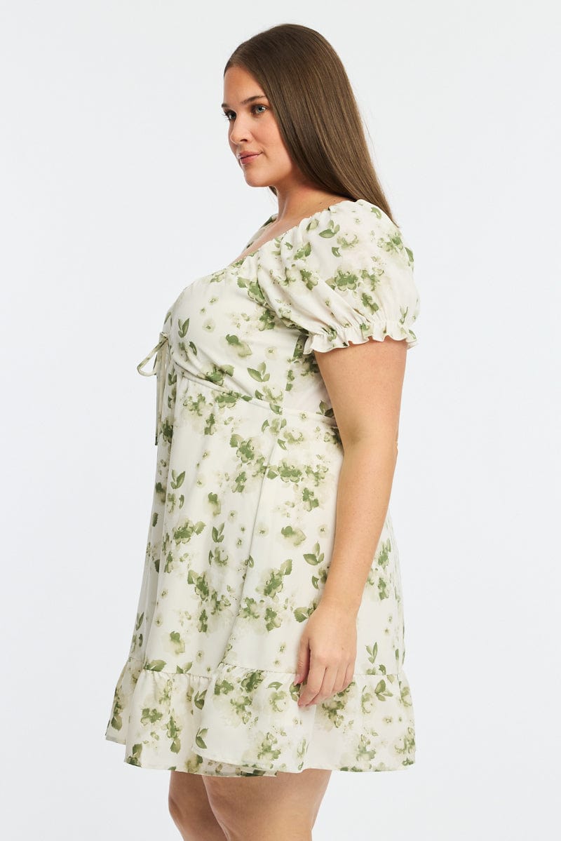 Green Floral Skater Dress Short Sleeve Ruched