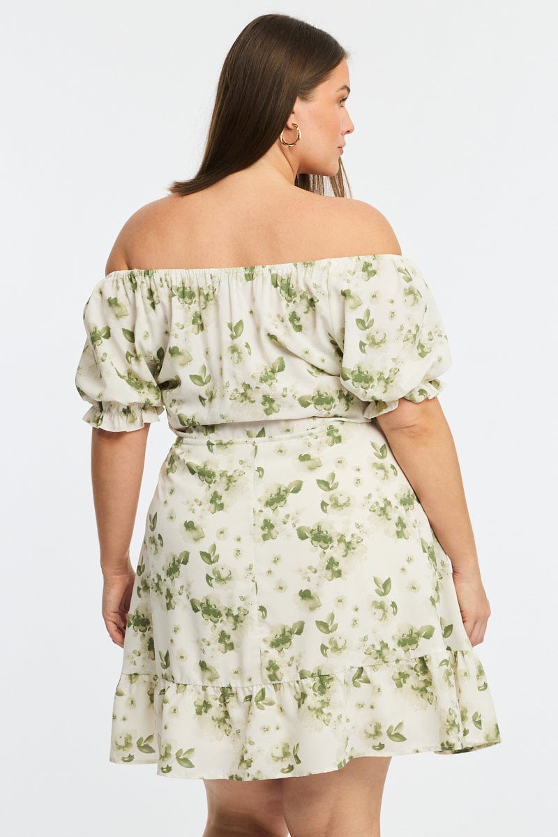 Green Floral Skater Dress Short Sleeve Ruched