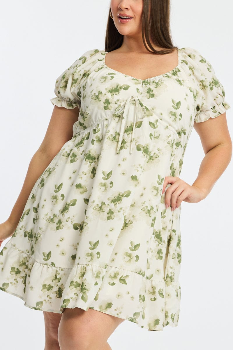 Green Floral Skater Dress Short Sleeve Ruched