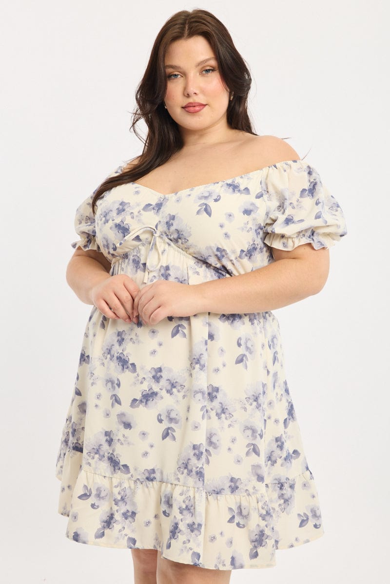 Blue Floral Skater Dress Short Sleeve Ruched