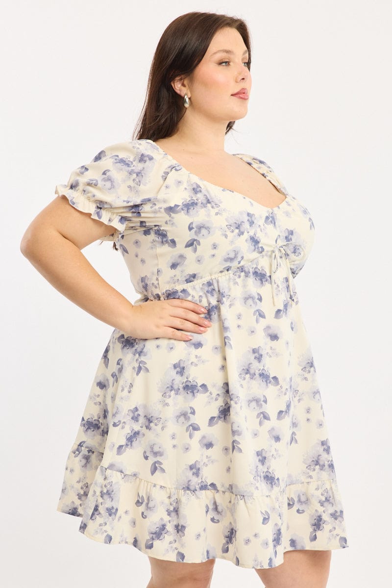 Blue Floral Skater Dress Short Sleeve Ruched
