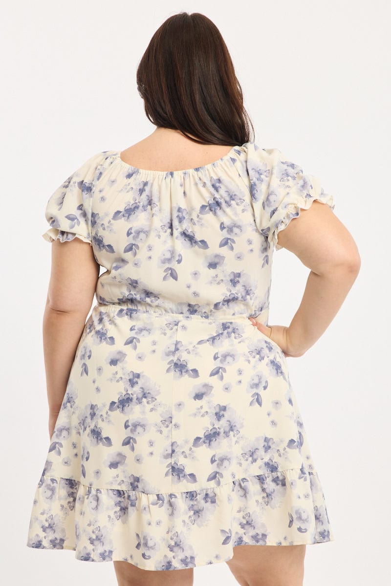 Blue Floral Skater Dress Short Sleeve Ruched