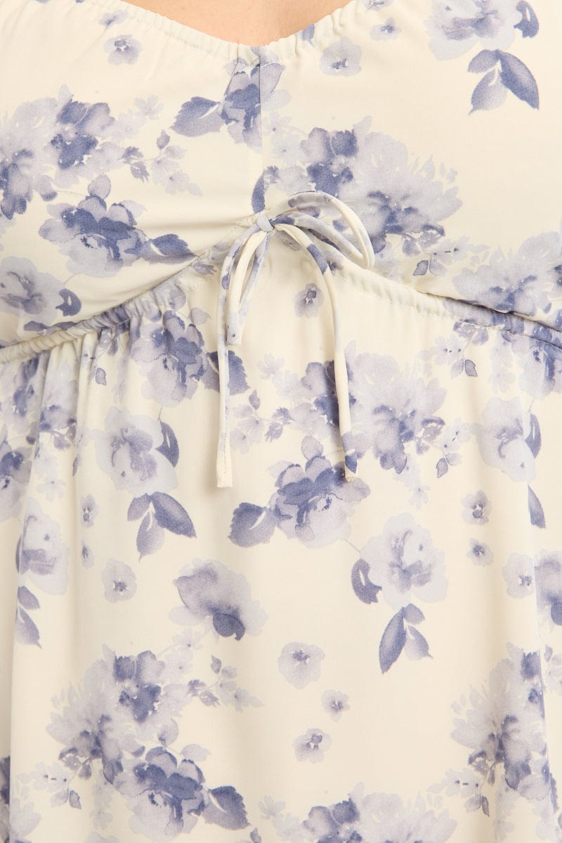 Blue Floral Skater Dress Short Sleeve Ruched | You & All Blue Floral Skater Dress Short Sleeve Ruched | You & All