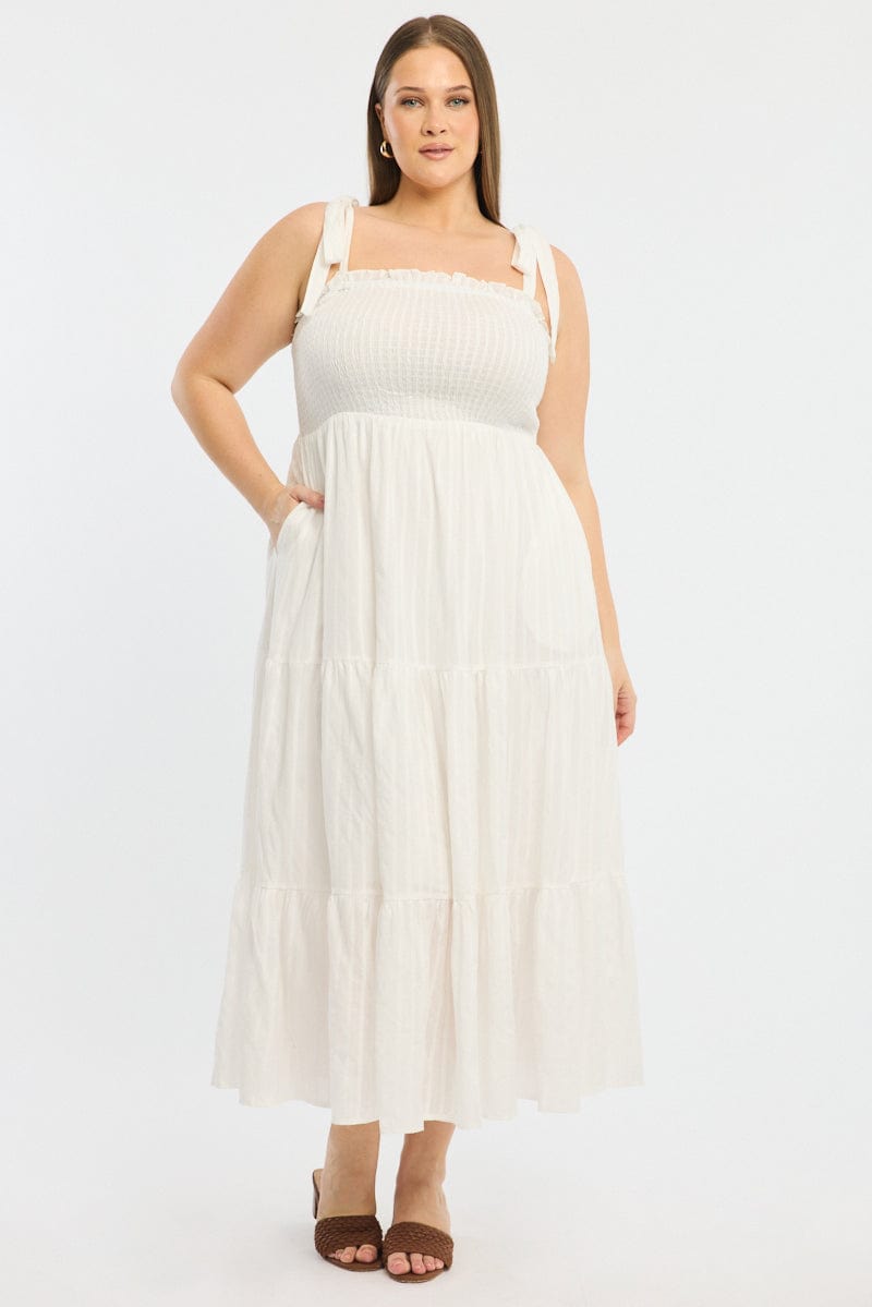 White Shirred Midi Dress Sleeveless Textured