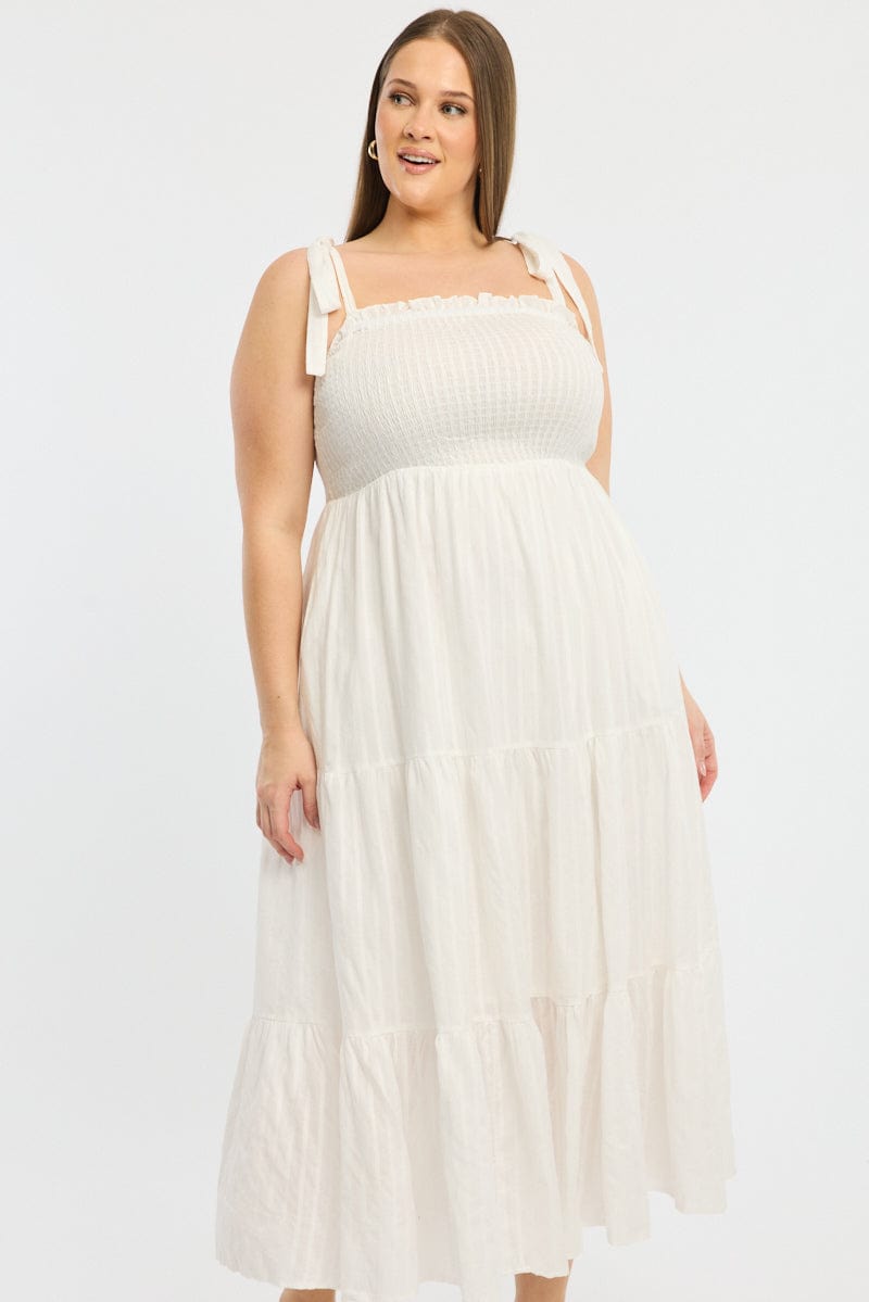 white shirred midi dress White Shirred Midi Dress Sleeveless Textured