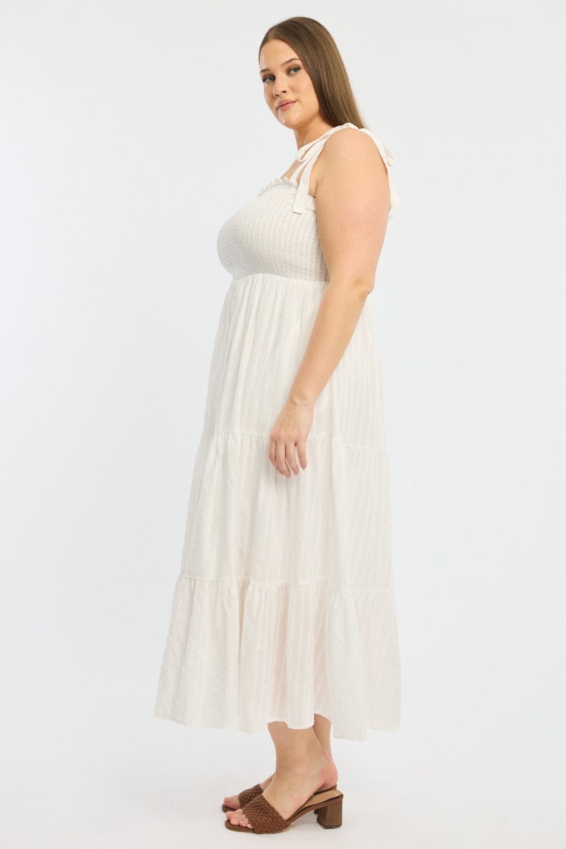 White Shirred Midi Dress Sleeveless Textured