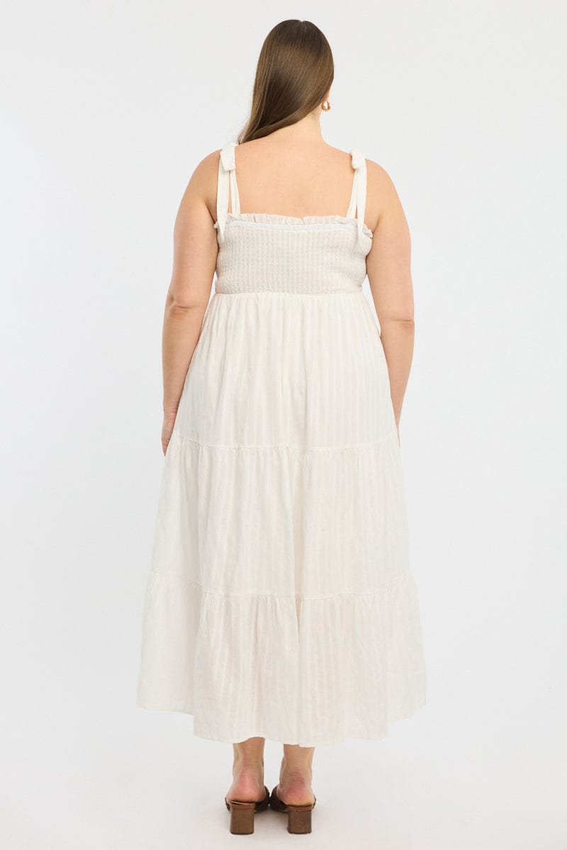 White Shirred Midi Dress Sleeveless Textured