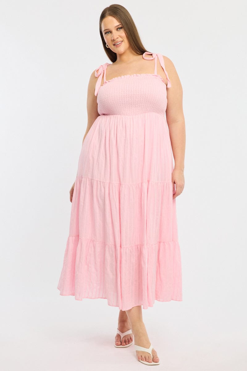 Pink Shirred Midi Dress Sleeveless Textured