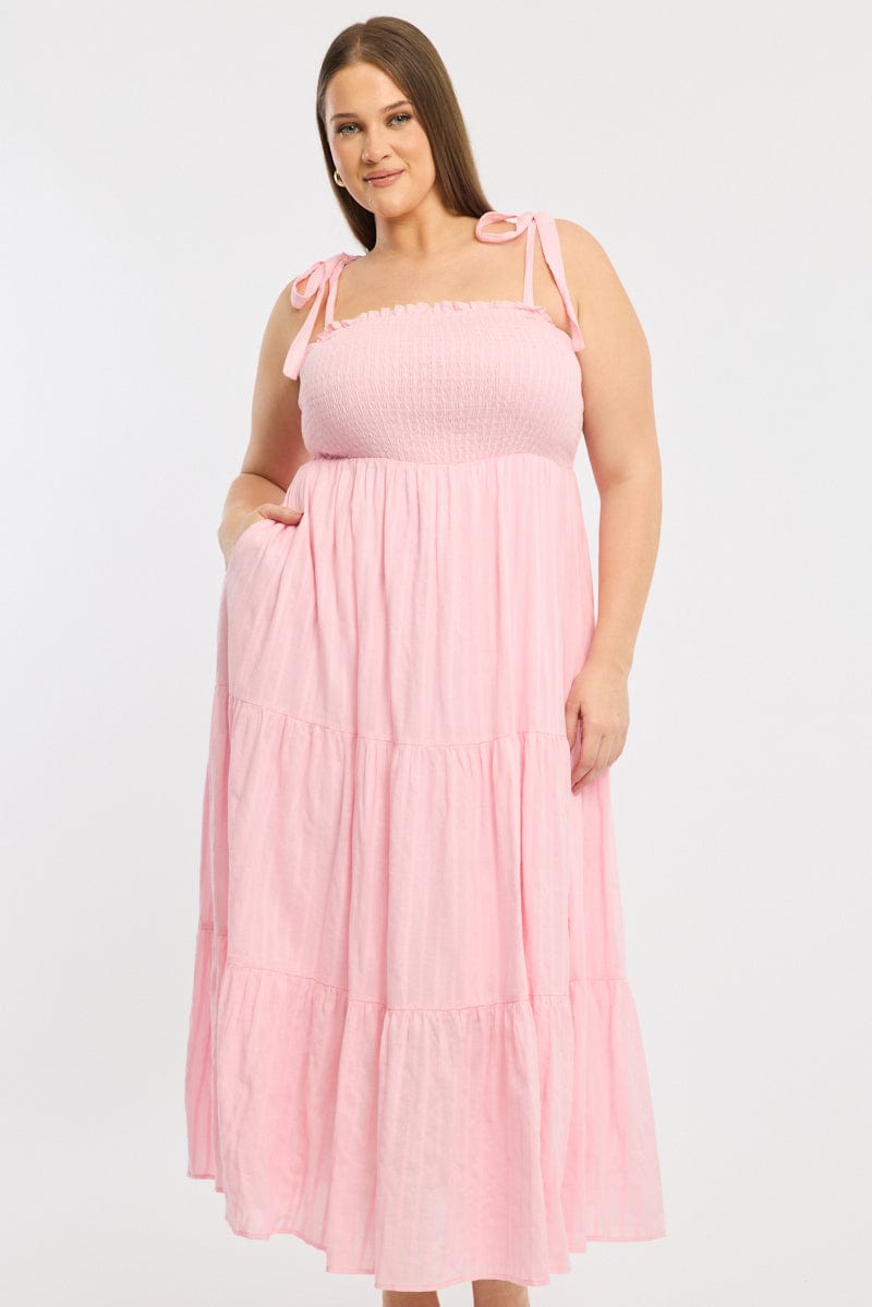 Pink Shirred Midi Dress Sleeveless Textured