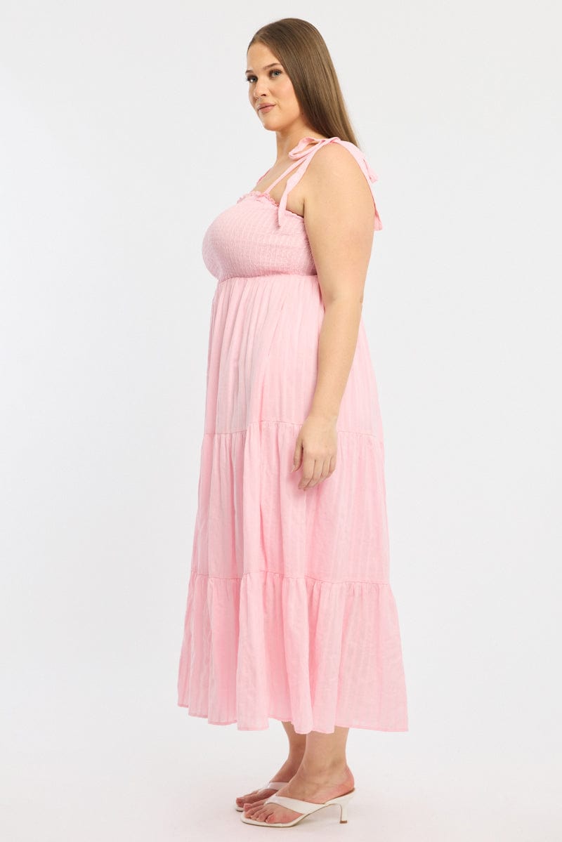 Pink Shirred Midi Dress Sleeveless Textured