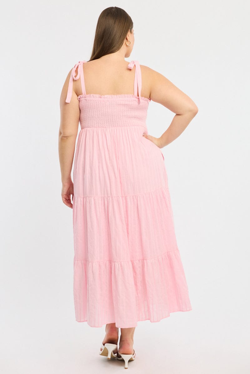 Pink Shirred Midi Dress Sleeveless Textured