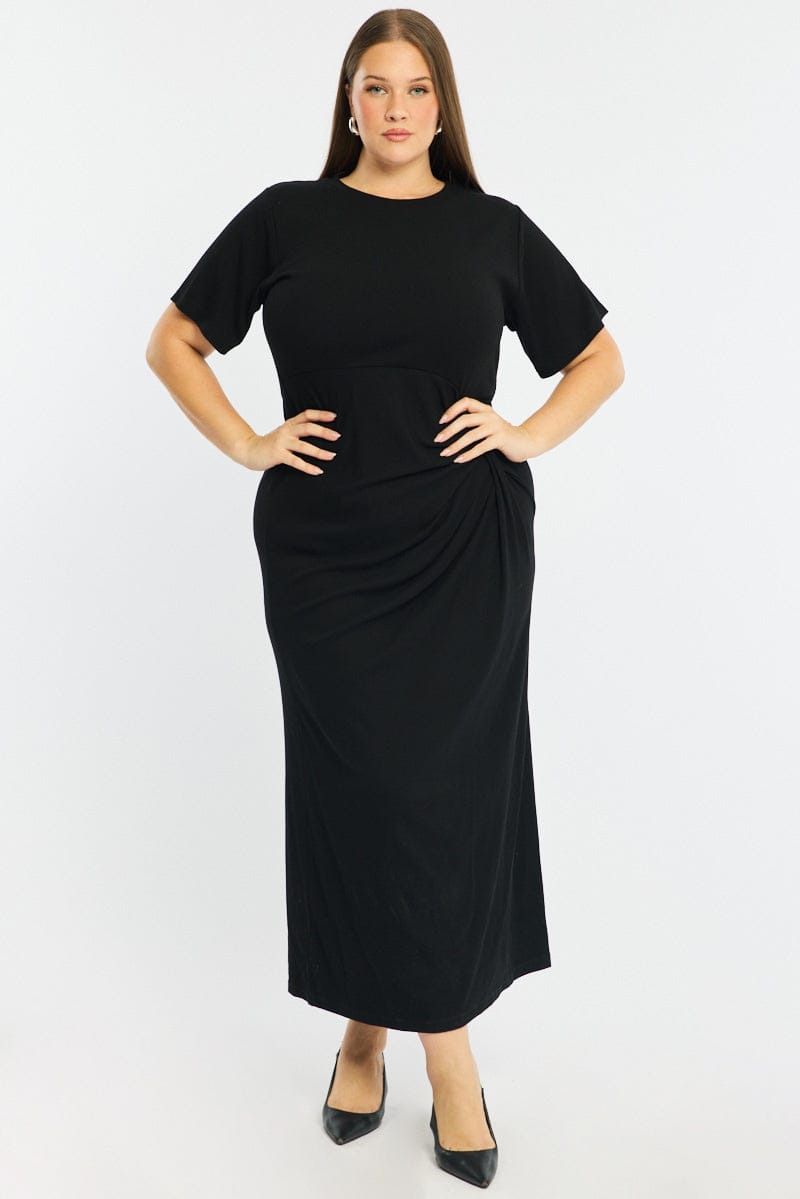 Black Maxi Dress Short Sleeve Twisted Waist Rib