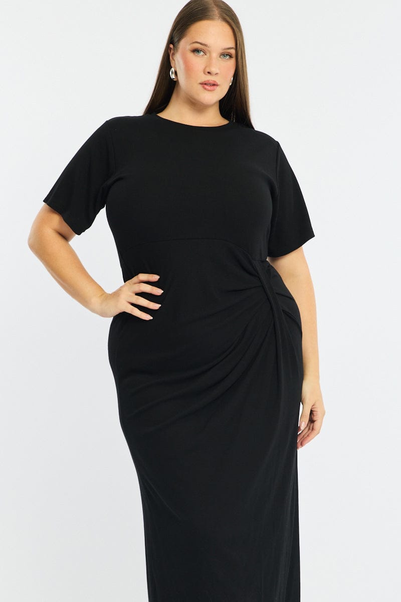 Black Maxi Dress Short Sleeve Twisted Waist Rib