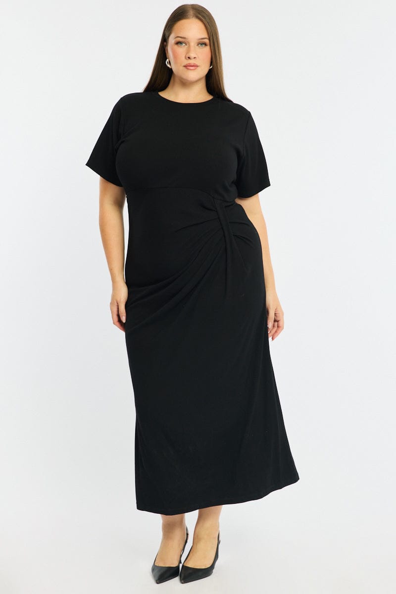 Black Maxi Dress Short Sleeve Twisted Waist Rib